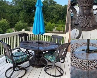 St. Moritz Dining Patio Set Hanamint Painted Patina Aluminum Patio Table, Umbrella & 4 Bouncy Chairs from Casual Image in Marietta 