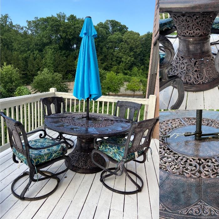 St. Moritz Dining Patio Set Hanamint Painted Patina Aluminum Patio Table, Umbrella & 4 Bouncy Chairs from Casual Image in Marietta 