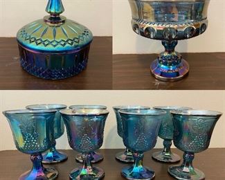 Vintage Indiana Blue Carnival Glass Covered Candy Dish
Vintage Indiana Blue Kings Crown Carnival Glass Thumbprint Pedestal Compote
Set of 8 Vintage Blue Carnival Glass Goblets Harvest