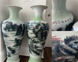 Pair Fine Porcelain Hand Ptd Asian Landscape Floor Vases