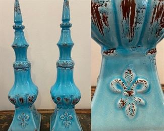 Pair Decorative Aqua Pottery Large Finials 