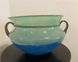 Large Studio Art Glass Handled Bowl