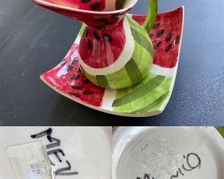 Hand Painted Pottery Pitcher & Dish from Mexico 