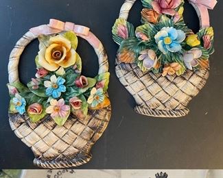 Pair Capodimonte Italy Basket Plaques 