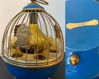 Mid Century Musical Bird Cage Decanter set Brass & Blue Enamel 
