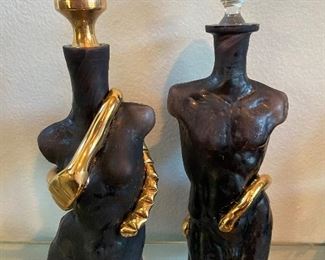 Pair Black Amethyst Glass with Gold Surrealist Figurative Cologne Bottles