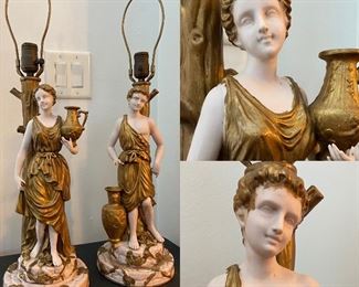 Pair Vintage Bisque Roman Figural Lamps