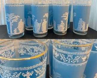Set of 8 Vintage Grecian Blue Jasper Wedgwood Glasses