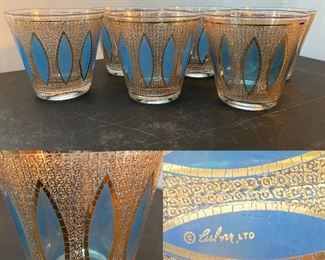Set of 6 Mid Century Modern signed Culver Textured with Gold & Aqua  Glasses 
