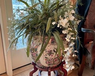  Large fishbowl on stand used as flower pot
