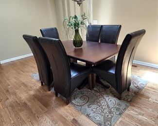 9 Piece Dining Set, Walnut Table, 6  Leather Upholstered Dining Chairs, 2 Leaves
