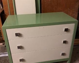 Vintage  Simmons Manufacture - Enamel over metal full size bed, small dress shown here & matching night stand