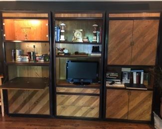 Roche Bobois 3 piece wall unit 2 tone oak with dark stained bullnose edge.  Each piece is finished on the sides.