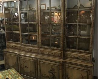 Breakfront with taupe washed Chinoiserie motif.  2 pieces - top & bottom with pull out desk top in center 