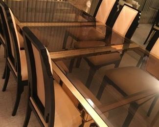 Italian brass extension table  (shown with extension) and gray smoked glass, 6 Art Deco chairs available, but needed to sell with table 