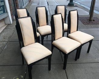 6 Art Deco inspired black lacquer chairs, with flesh tone fabric