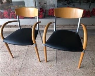 Contract furniture manufacturer  - 3 available  arm chairs.  Blond wood, chrome & black vinyl