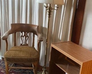 Captains Chair Brass Floor Lamp And Wooden Shelf