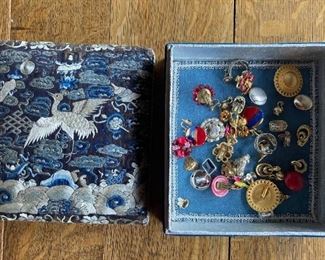 Chinese Silk Box With Monet Renoir Sauteur And Van Dell Costume Jewelry