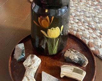 Petrified Wood Crescent Craft Burl Tray And Ceramic Tulip Vase