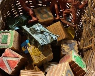 Vintage Wood Blocks Metal Toy Tanks Red Plastic Figures And More