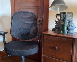 Wooden Filing Cabinet Office Chair Desk Lamp And More