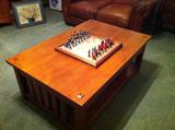 Wonderful mission style table that raises and lowers, depending on your need for it.  Also terrific Chess Board with a map of Old Boston, and Soldiers who act as chess pieces!  Love it!