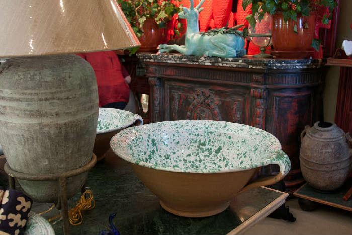 We have an amazing amount of this terra cotta splatter glazed pieces.