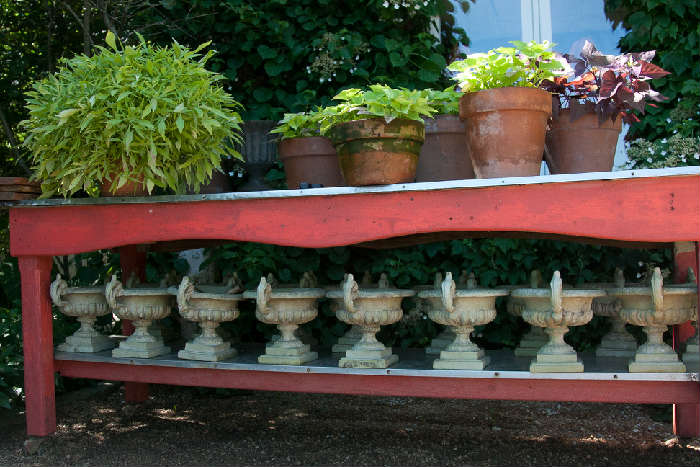 Potting Bench with neat pottery