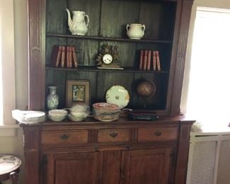 Antique Open Hutch, Books, Figural Mantel Clock, National Remembrance Plate