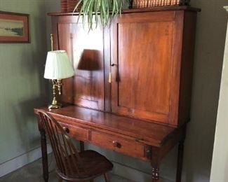 Antique Postmaster / Plantation Desk, Chair, Brass Student Lamp, Books