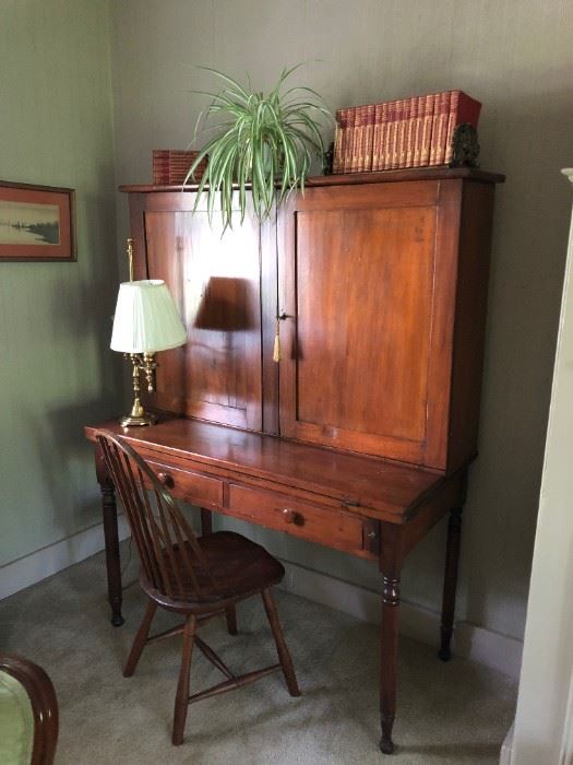 Antique Postmaster / Plantation Desk, Chair, Brass Student Lamp, Books