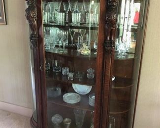 Antique Oak Curved Glass China Cabinet w/ Carved Griffins & Paw Feet