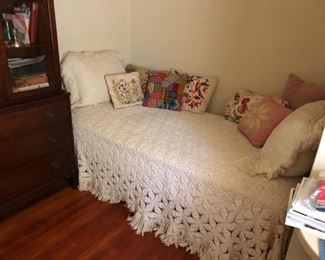 Twin Bed, Needlepoint Pillows, Crochet Spread