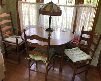Antique Drop Leaf Table, Chair, Stained Glass Table Lamp