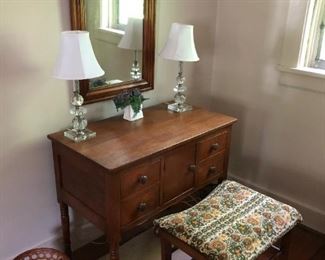 Vanity, Mirror, Bench, Pair of Lamps