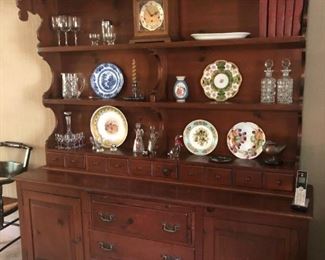 Hutch, Books, Clock, Plates, Stemware