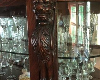Antique Oak Curved Glass China Cabinet w/ Carved Griffins & Paw Feet
