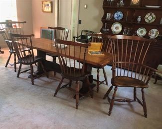 Antique Trestle Table w/ 6 Comb Back / Windsor Chairs