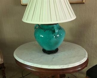 Antique Marble Top Table,  Pottery Lamp