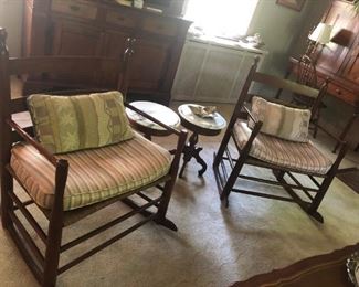 Pair of Old Shaker / Slat Back Rocking Chairs w/ Wide Rush Seats, Small Marble Top Accent Tables