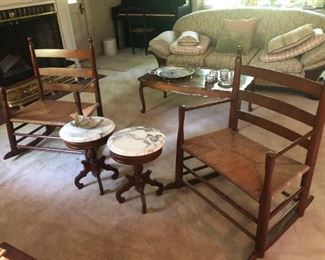 Pair of Old Shaker / Slat Back Rocking Chairs w/ Wide Rush Seats, Small Marble Top Accent Tables