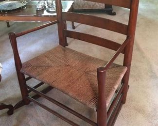 Pair of Old Shaker / Slat Back Rocking Chairs w/ Wide Rush Seats