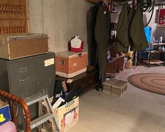 Cedar chest metal file cabinet with key record player stepstool Coleman cooler lunchpail