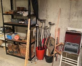 Golf clubs typewriter metal storage racks boots yardsticks golf balls