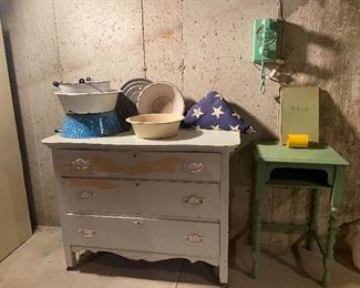 Dresser telephone table turquoise green mint green telephone Enamelware large American flag