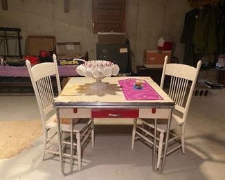Vintage table, wooden chairs, milk glass punch bowl