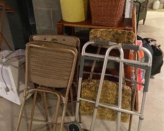 Vintage folding chairs Walker bookshelf trash cans dehumidifier