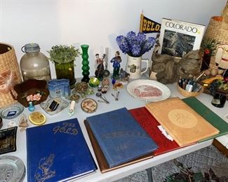 Vintage yearbooks, ashtrays, Colorado book, turtles, pottery, napkin holders, knickknacks