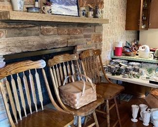 Three matching oak barstools pottery Christmas dishes set milk glass